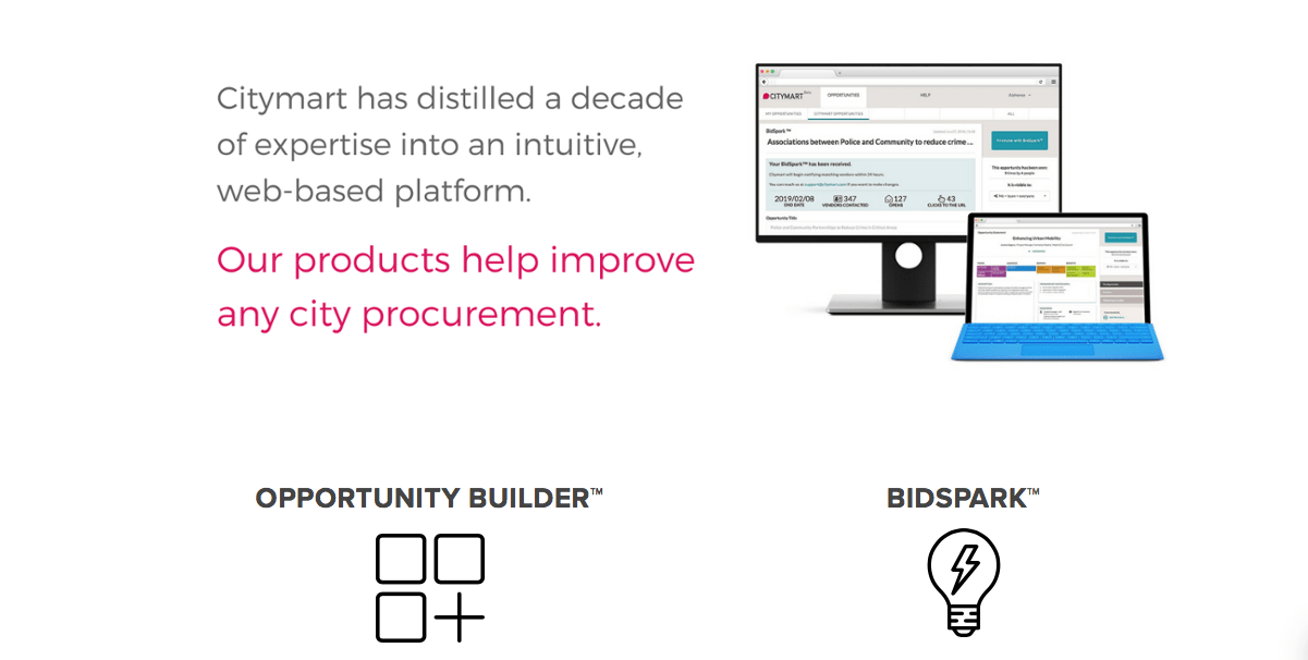 Visual representation of Citymart's solutions - "Opportunity Builder" and "Bidspark"